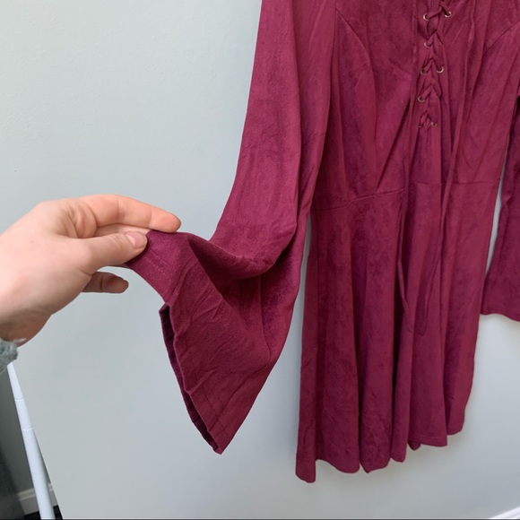 Maroon Suede Lace Up Bell Sleeve Dress - Picture 4 of 7